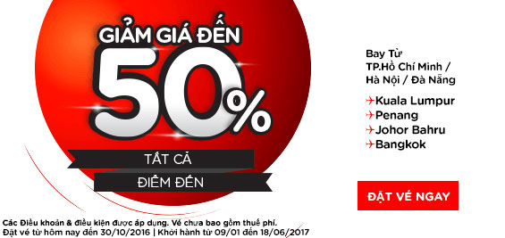 Siêu khuyến mãi Air Asia giảm đến 50% giá vé tất cả điểm đến
