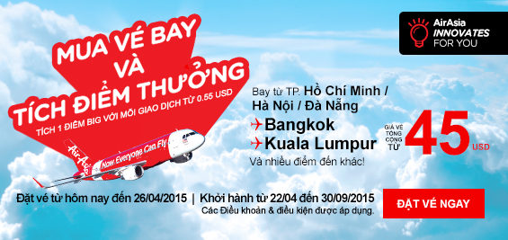 Đặt vé tích điểm thưởng đi Bangkok 45 USD