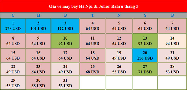Vé máy bay đi Johor Bahru tháng 5