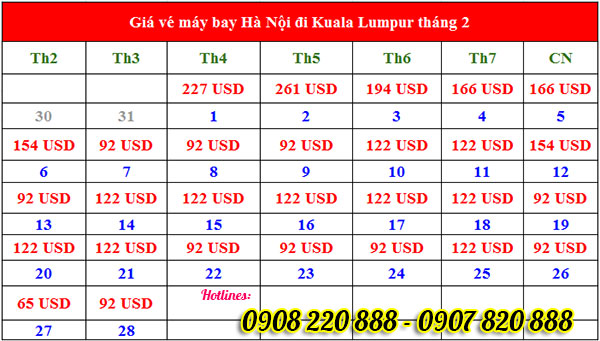 Bảng giá vé máy bay Kuala Lumpur tháng 2