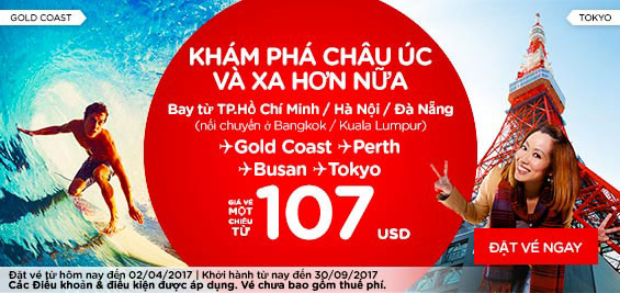 Đặt vé máy bay Air Asia 14 USD quẩy tung hè này