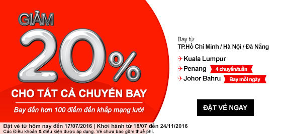Khuyến mãi Air Asia giảm 20% cho tất cả chuyến bay