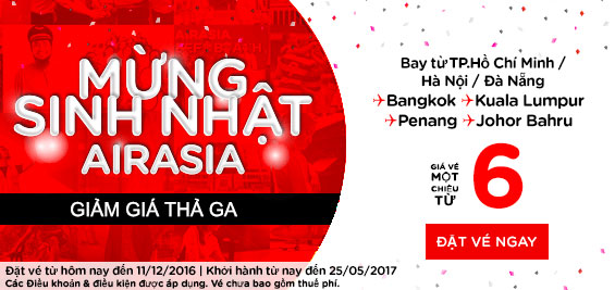 Air Asia giảm giá thả ga mừng sinh nhật giá chỉ từ 6 USD