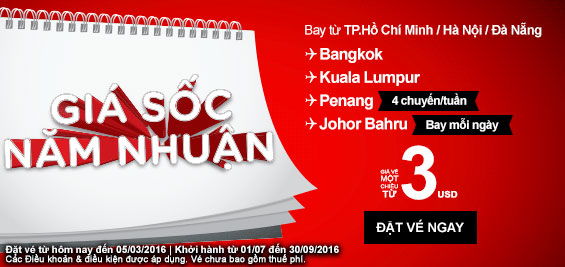 Air Asia khuyến mãi giá sốc năm Nhuận chỉ 3 USD
