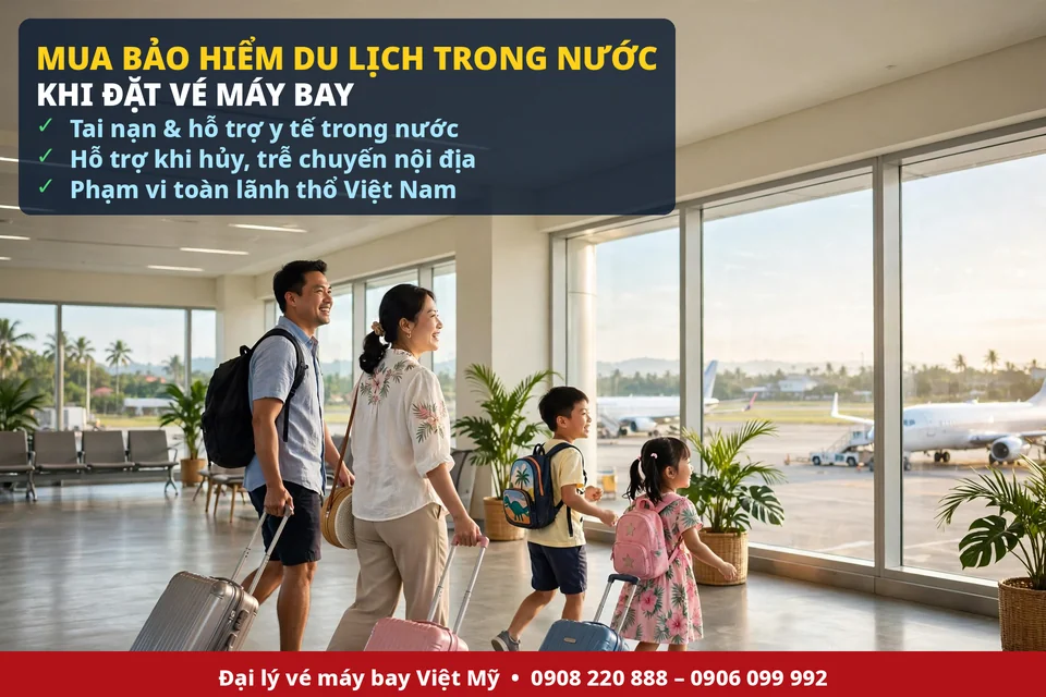 Gia đình mua bảo hiểm du lịch trong nước khi đặt vé máy bay tại sân bay