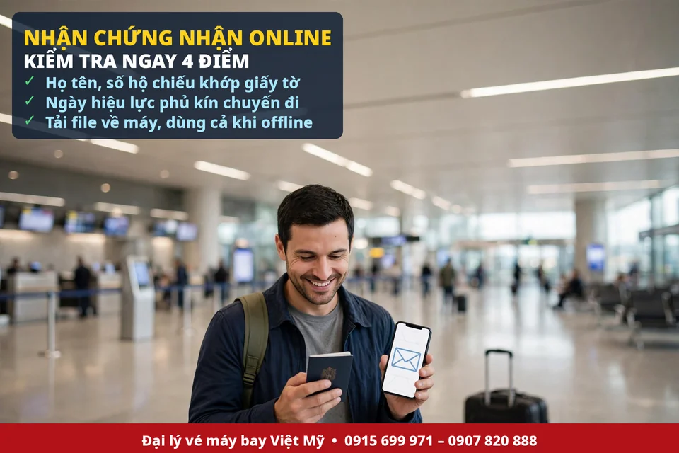 Hành khách kiểm tra email nhận chứng nhận bảo hiểm du lịch online tại sân bay